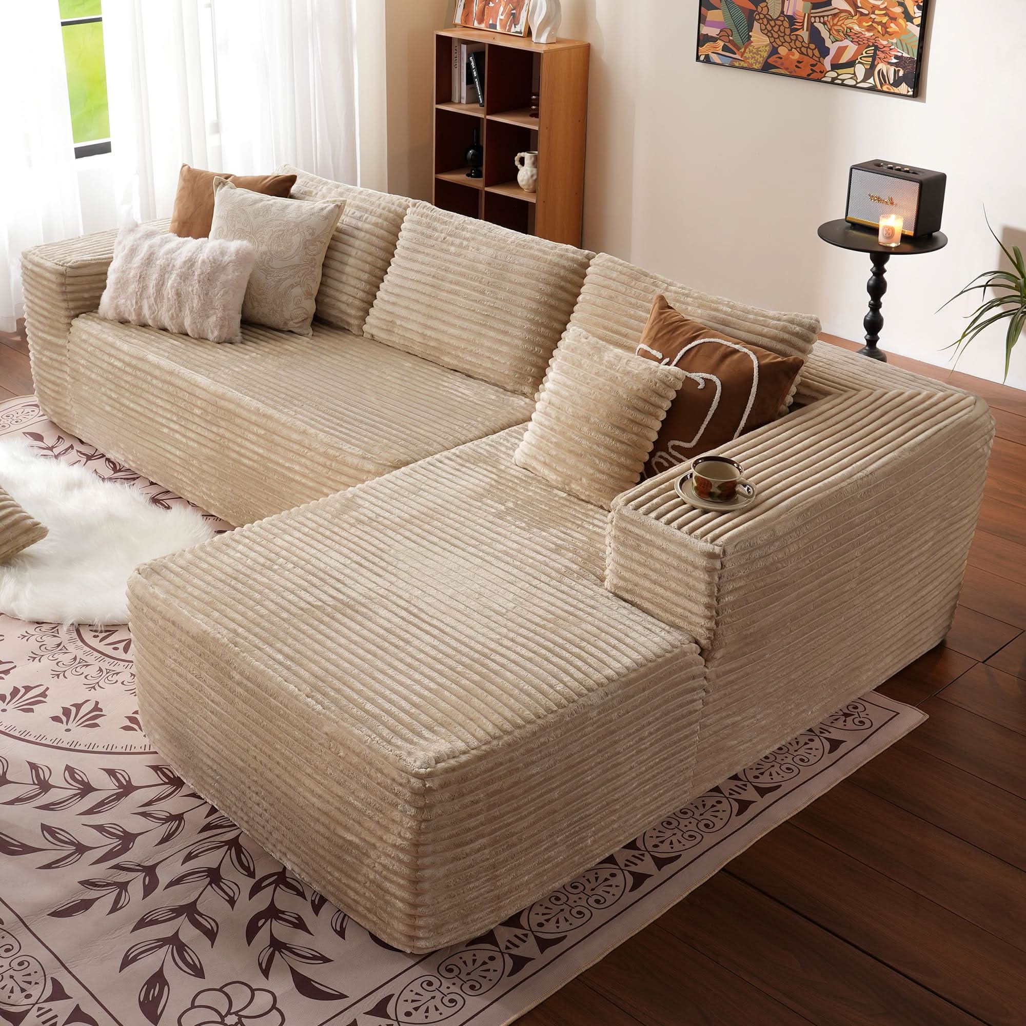 OVIOS 104" L-Shape Modular Couch with Chaise, Plush Corduroy Fabric, No Assembly Required